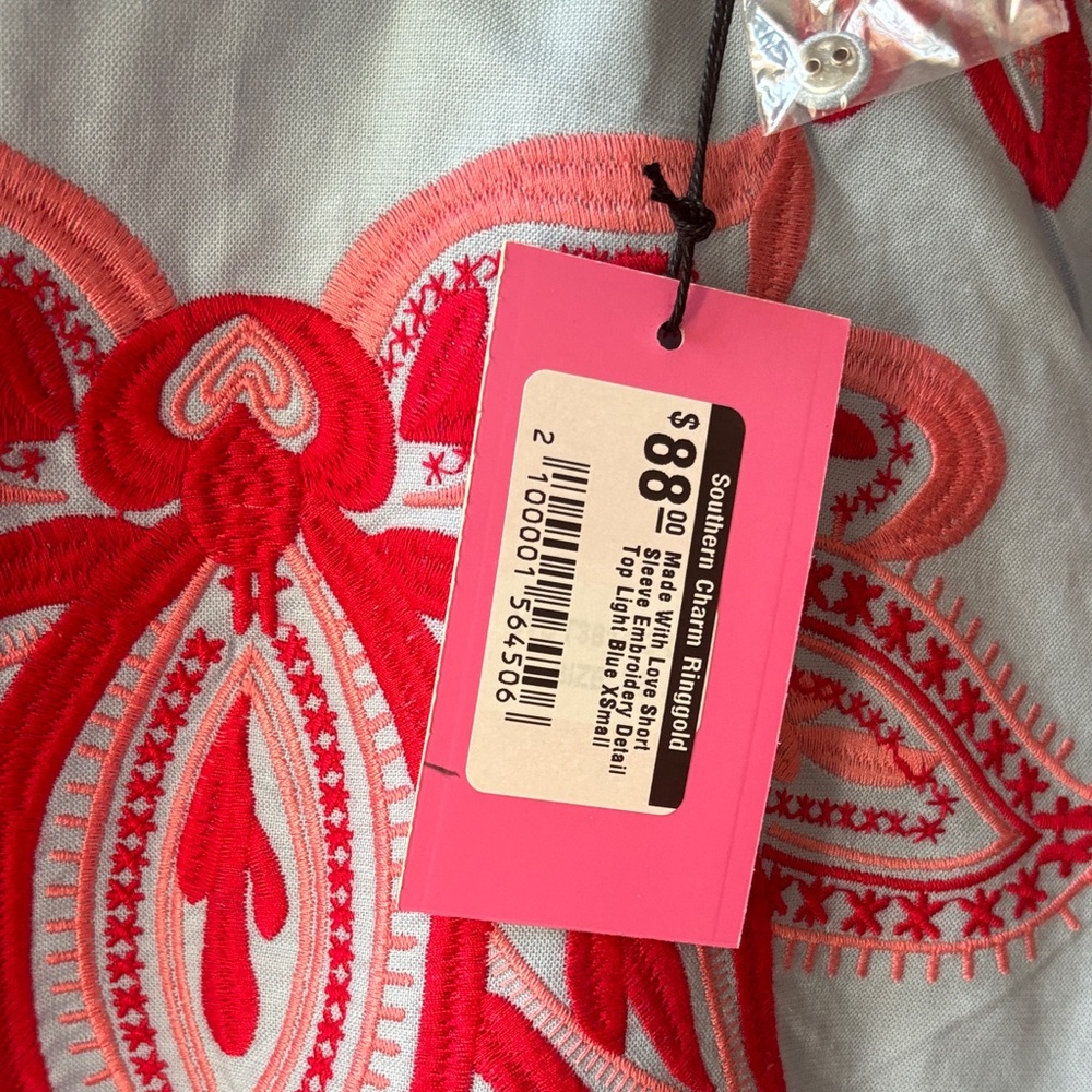 THML Light Blue Top with Red Embroidered Floral Trim - Picture 3 of 3